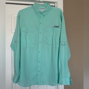 Men’s Columbia PFG Light Teal Green Button Up Shirt w/Roll-Up‎ Sleeves, Sz XL/TG